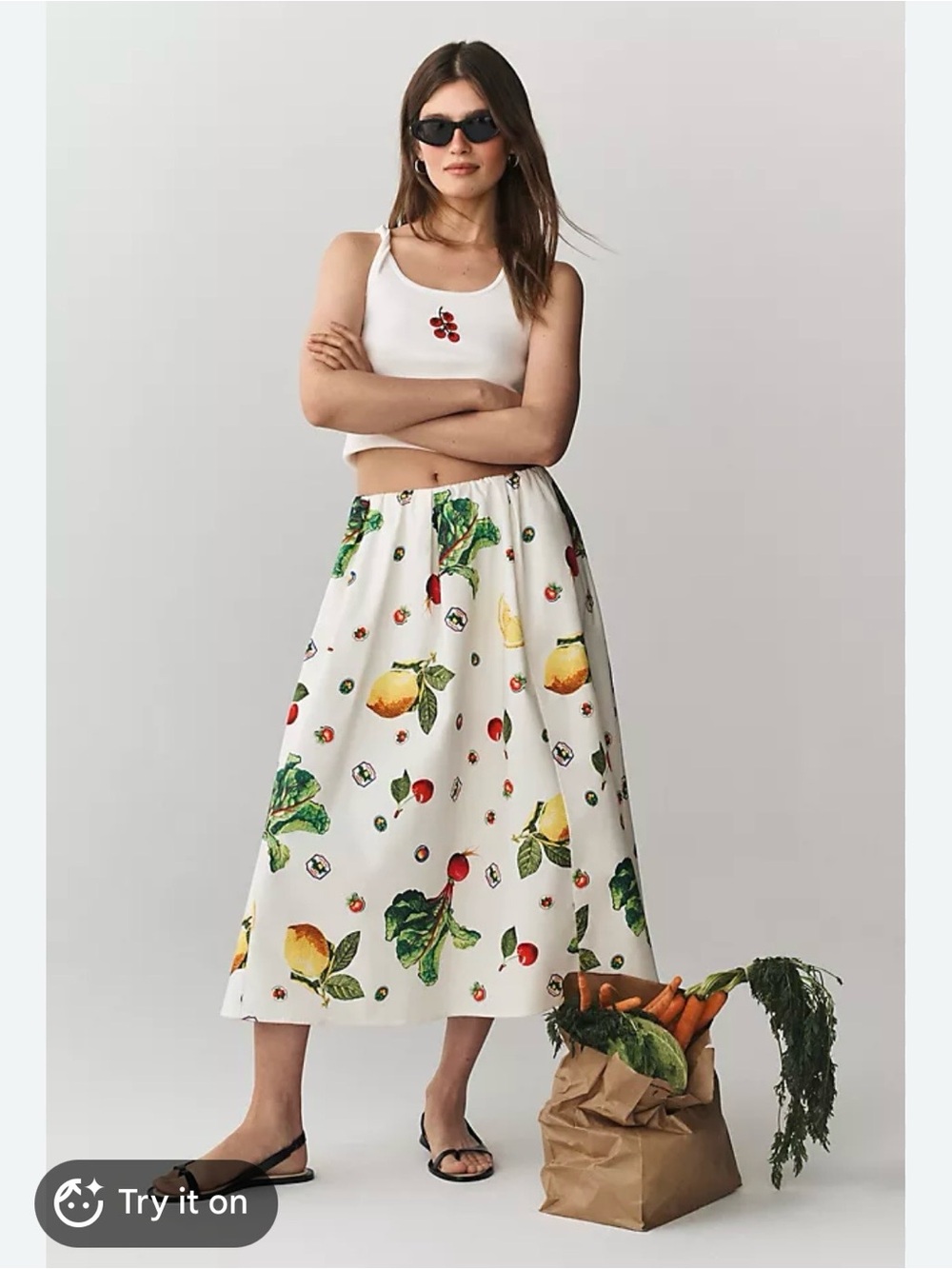 Maeve White Midi Skirt with Red Radish & Green Leaf Print